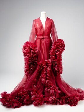 Photoshoot ready! Red Ruffle Gown | Dramatic Sleeves and Train